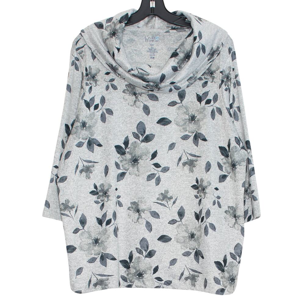 Croft & Barrow Top 3/4 Sleeve Floral Cowl Neck Cottage Boho Casual Gray PXXL